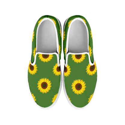 Green Sunflower Pattern Print White Slip On Shoes