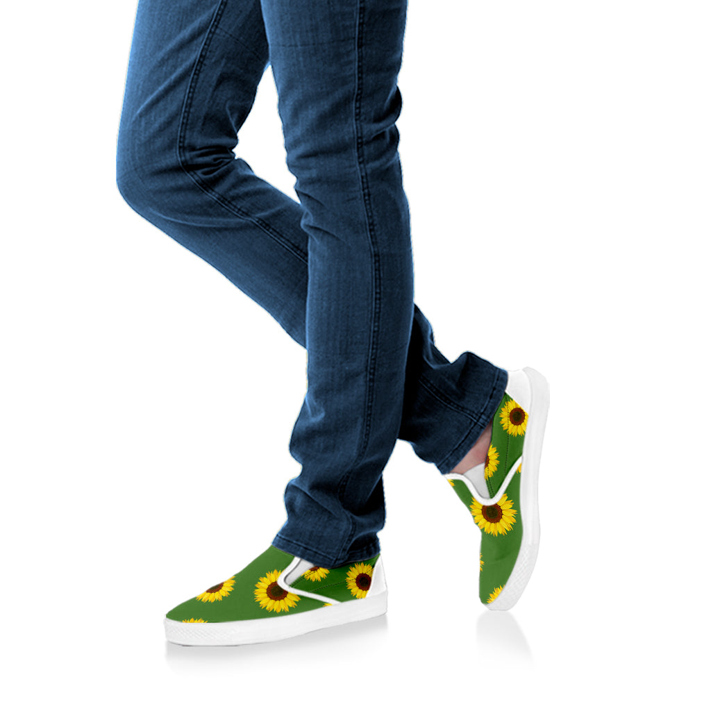 Green Sunflower Pattern Print White Slip On Shoes