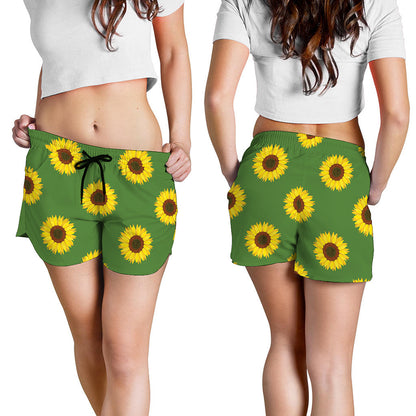 Green Sunflower Pattern Print Women's Shorts