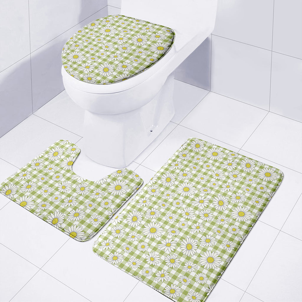 Green Tartan Daisy Pattern Print 3 Piece Bath Mat Set