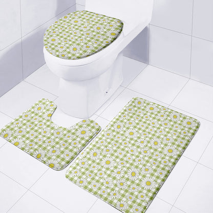 Green Tartan Daisy Pattern Print 3 Piece Bath Mat Set