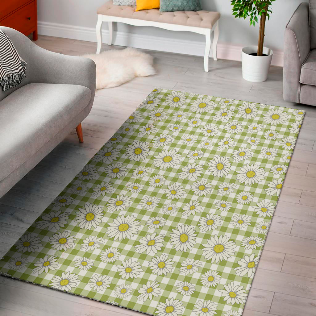 Green Tartan Daisy Pattern Print Area Rug