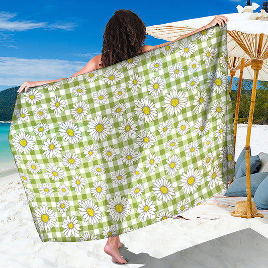 Green Tartan Daisy Pattern Print Beach Sarong Wrap