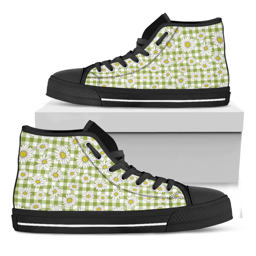 Green Tartan Daisy Pattern Print Black High Top Shoes