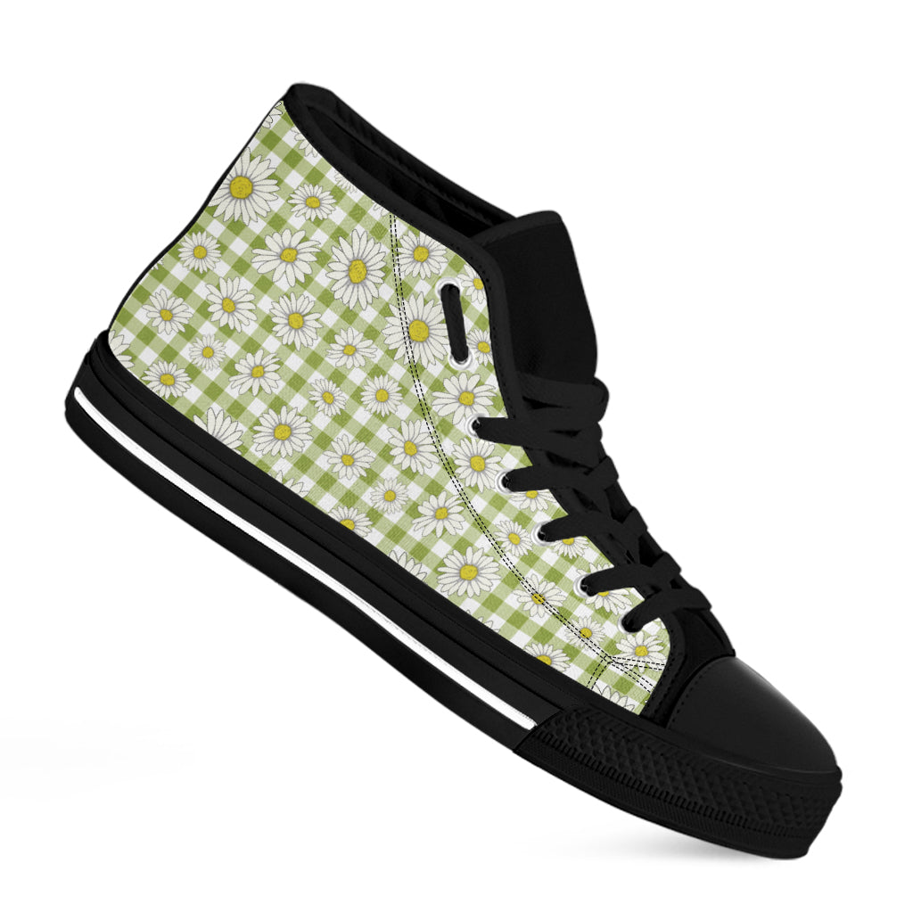 Green Tartan Daisy Pattern Print Black High Top Shoes