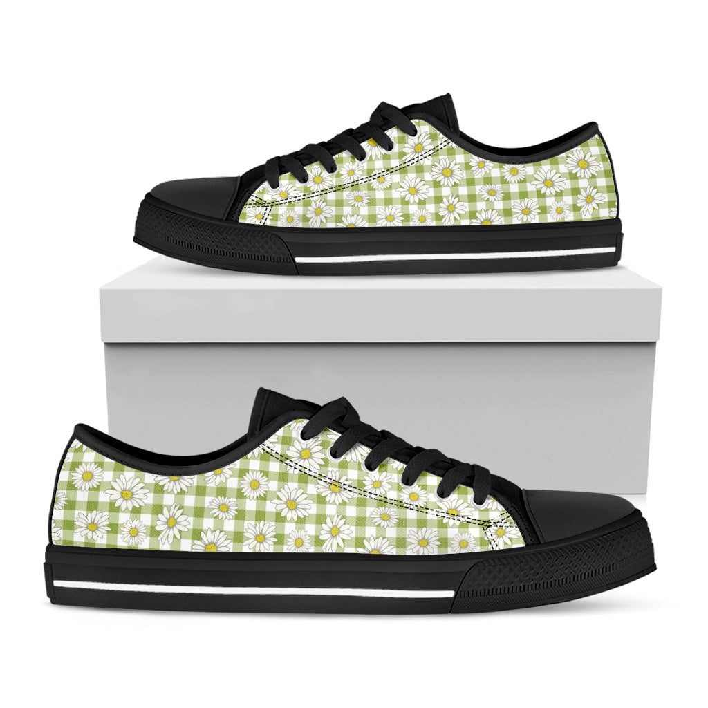 Green Tartan Daisy Pattern Print Black Low Top Shoes