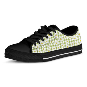 Green Tartan Daisy Pattern Print Black Low Top Shoes