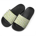 Green Tartan Daisy Pattern Print Black Slide Sandals