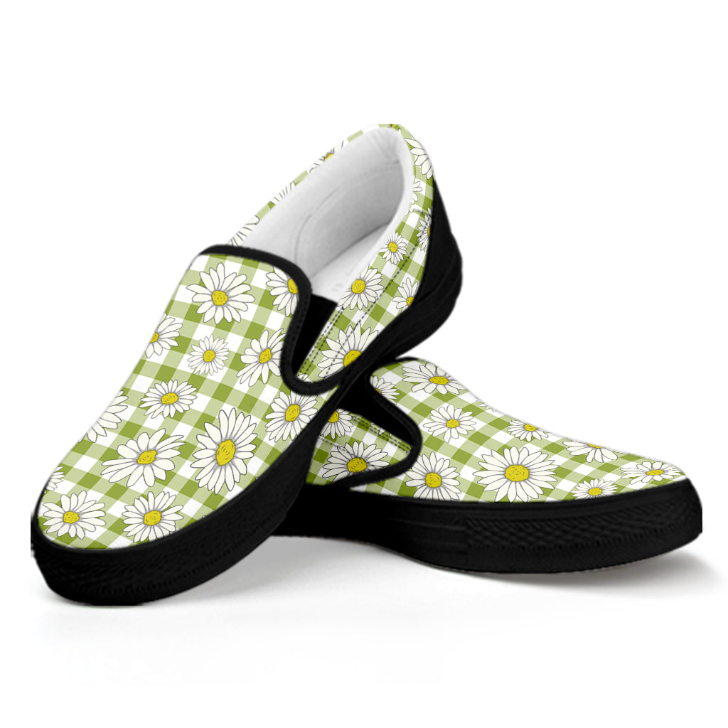 Green Tartan Daisy Pattern Print Black Slip On Shoes