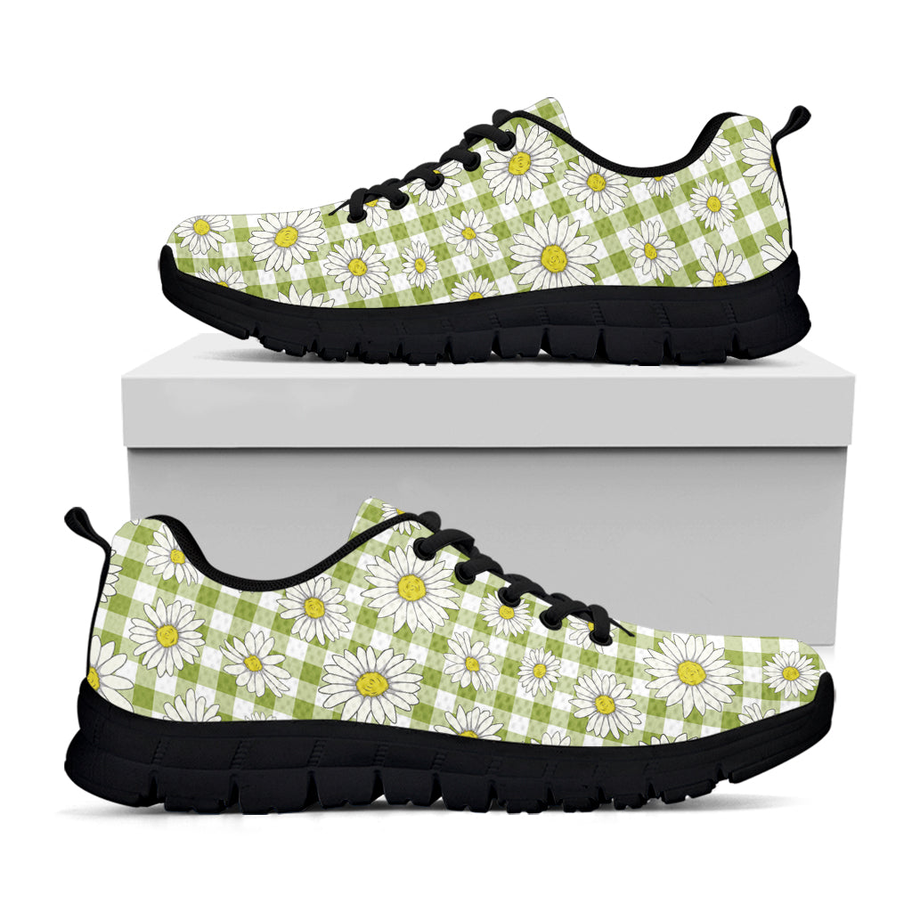 Green Tartan Daisy Pattern Print Black Sneakers