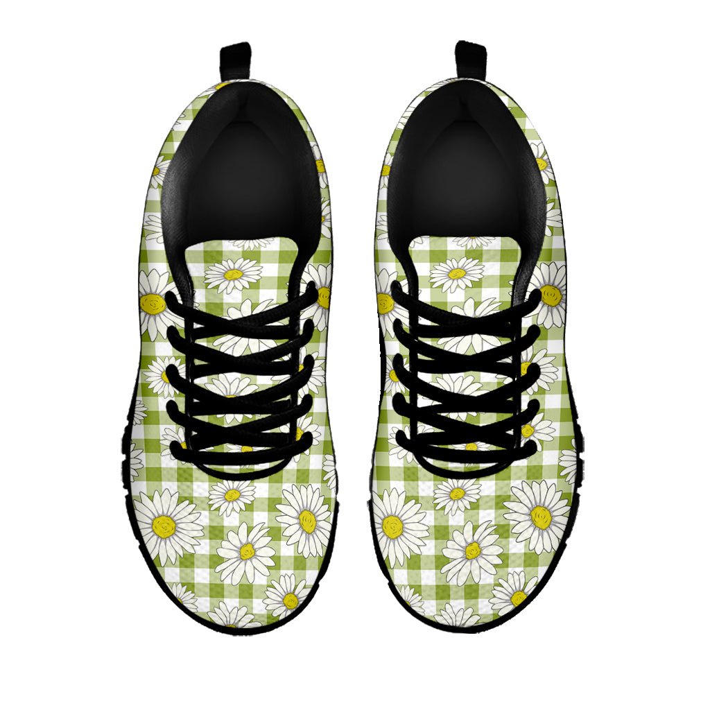 Green Tartan Daisy Pattern Print Black Sneakers