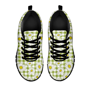 Green Tartan Daisy Pattern Print Black Sneakers