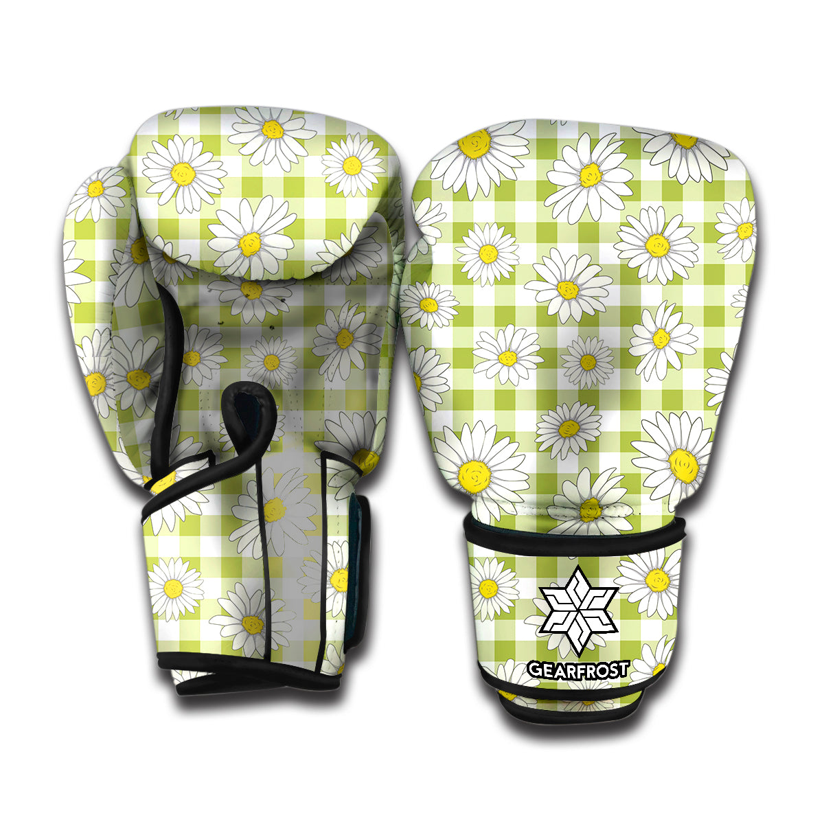 Green Tartan Daisy Pattern Print Boxing Gloves