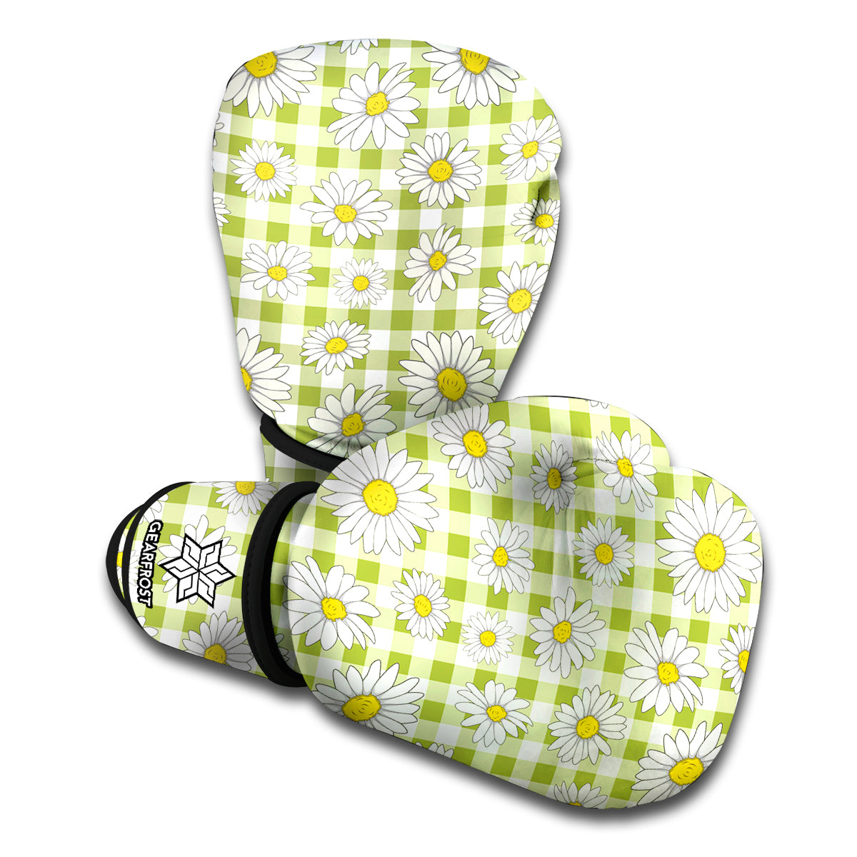 Green Tartan Daisy Pattern Print Boxing Gloves