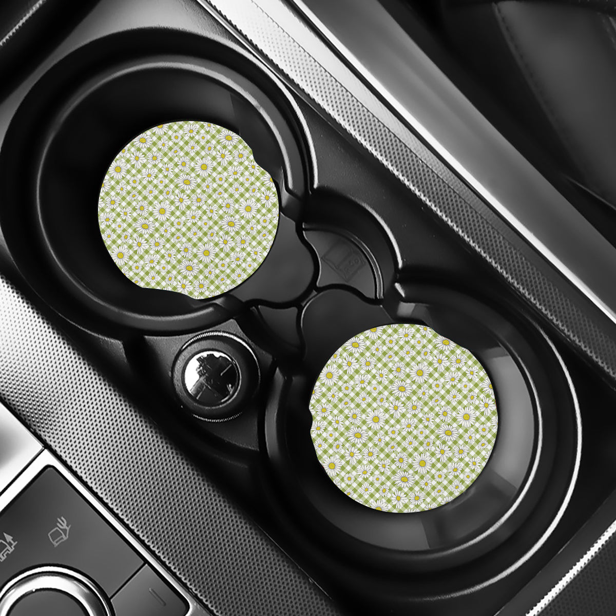 Green Tartan Daisy Pattern Print Car Coasters