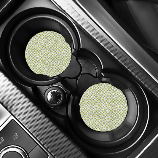 Green Tartan Daisy Pattern Print Car Coasters