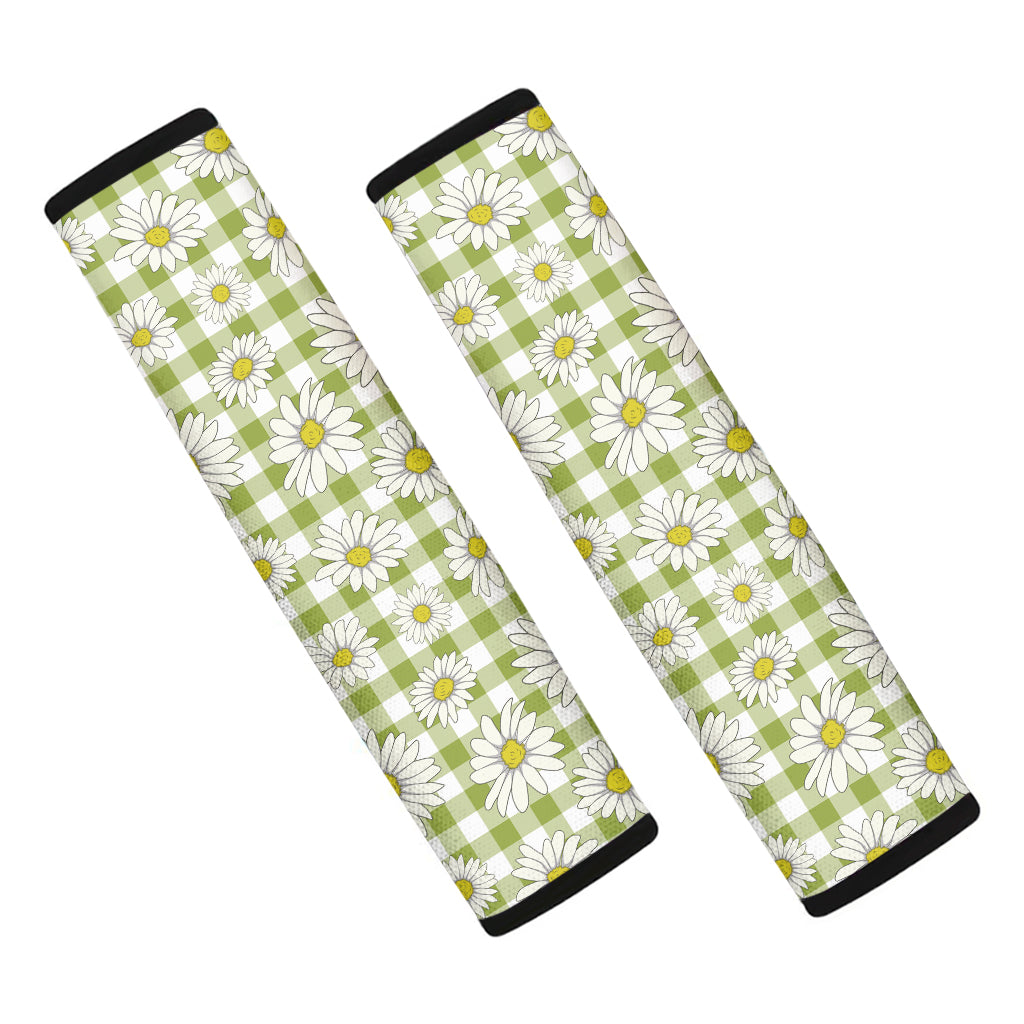 Green Tartan Daisy Pattern Print Car Seat Belt Covers