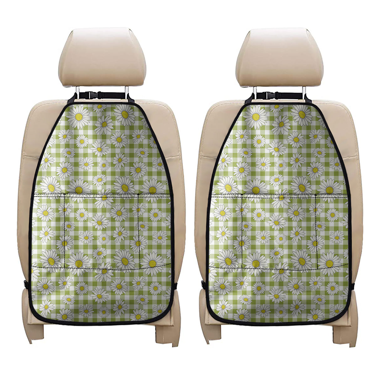 Green Tartan Daisy Pattern Print Car Seat Organizers