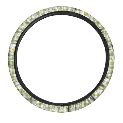 Green Tartan Daisy Pattern Print Car Steering Wheel Cover