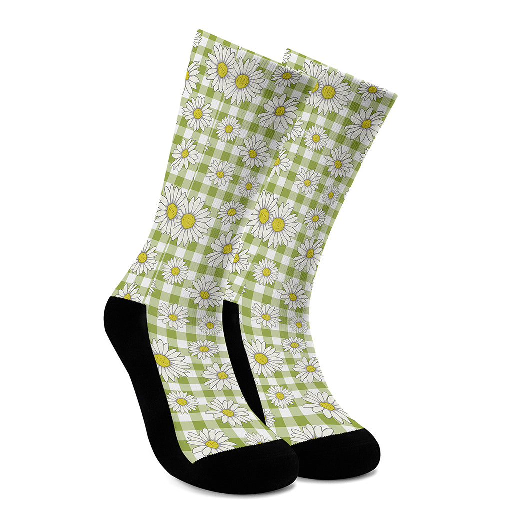 Green Tartan Daisy Pattern Print Crew Socks