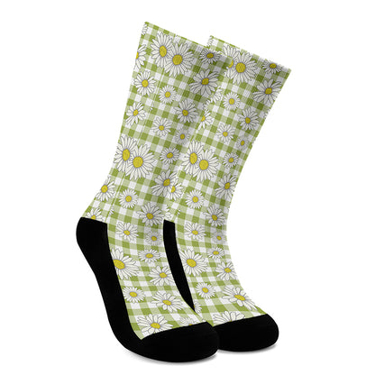 Green Tartan Daisy Pattern Print Crew Socks