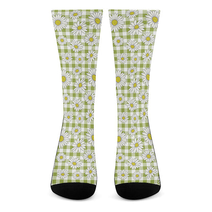 Green Tartan Daisy Pattern Print Crew Socks