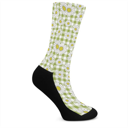 Green Tartan Daisy Pattern Print Crew Socks