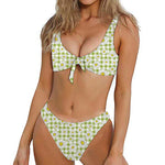 Green Tartan Daisy Pattern Print Front Bow Tie Bikini