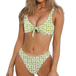 Green Tartan Daisy Pattern Print Front Bow Tie Bikini