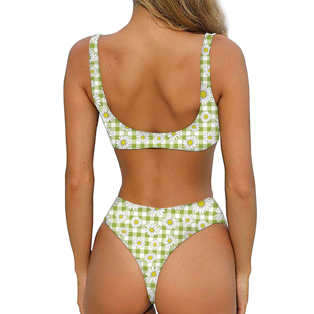 Green Tartan Daisy Pattern Print Front Bow Tie Bikini