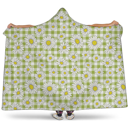 Green Tartan Daisy Pattern Print Hooded Blanket