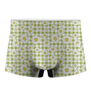 Green Tartan Daisy Pattern Print Men's Boxer Briefs