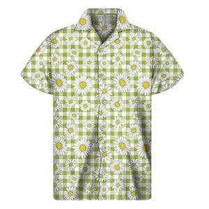 Green Tartan Daisy Pattern Print Men's Short Sleeve Shirt