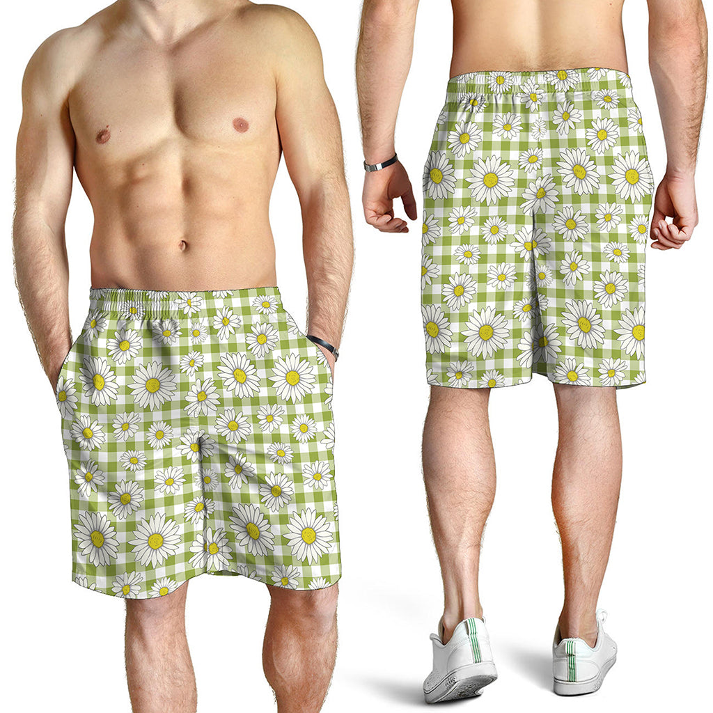 Green Tartan Daisy Pattern Print Men's Shorts