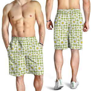 Green Tartan Daisy Pattern Print Men's Shorts