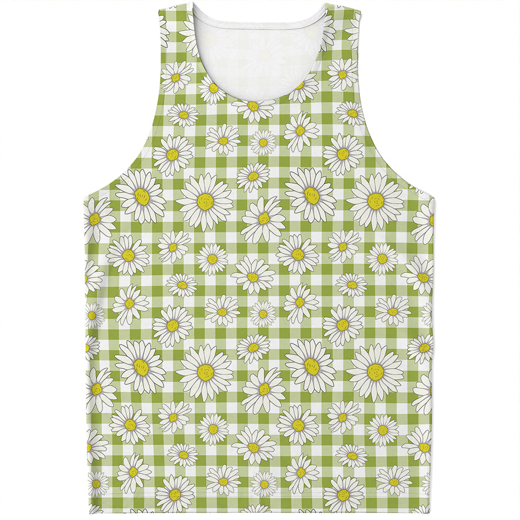 Green Tartan Daisy Pattern Print Men's Tank Top