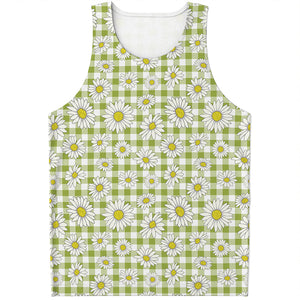 Green Tartan Daisy Pattern Print Men's Tank Top