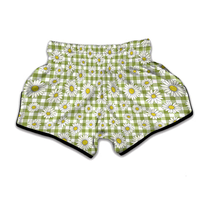 Green Tartan Daisy Pattern Print Muay Thai Boxing Shorts