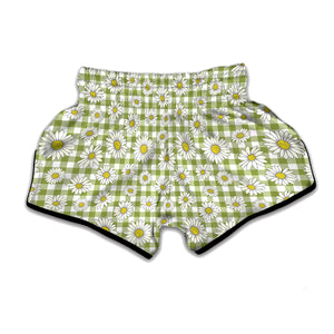 Green Tartan Daisy Pattern Print Muay Thai Boxing Shorts