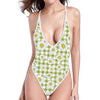 Green Tartan Daisy Pattern Print One Piece High Cut Swimsuit