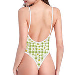 Green Tartan Daisy Pattern Print One Piece High Cut Swimsuit