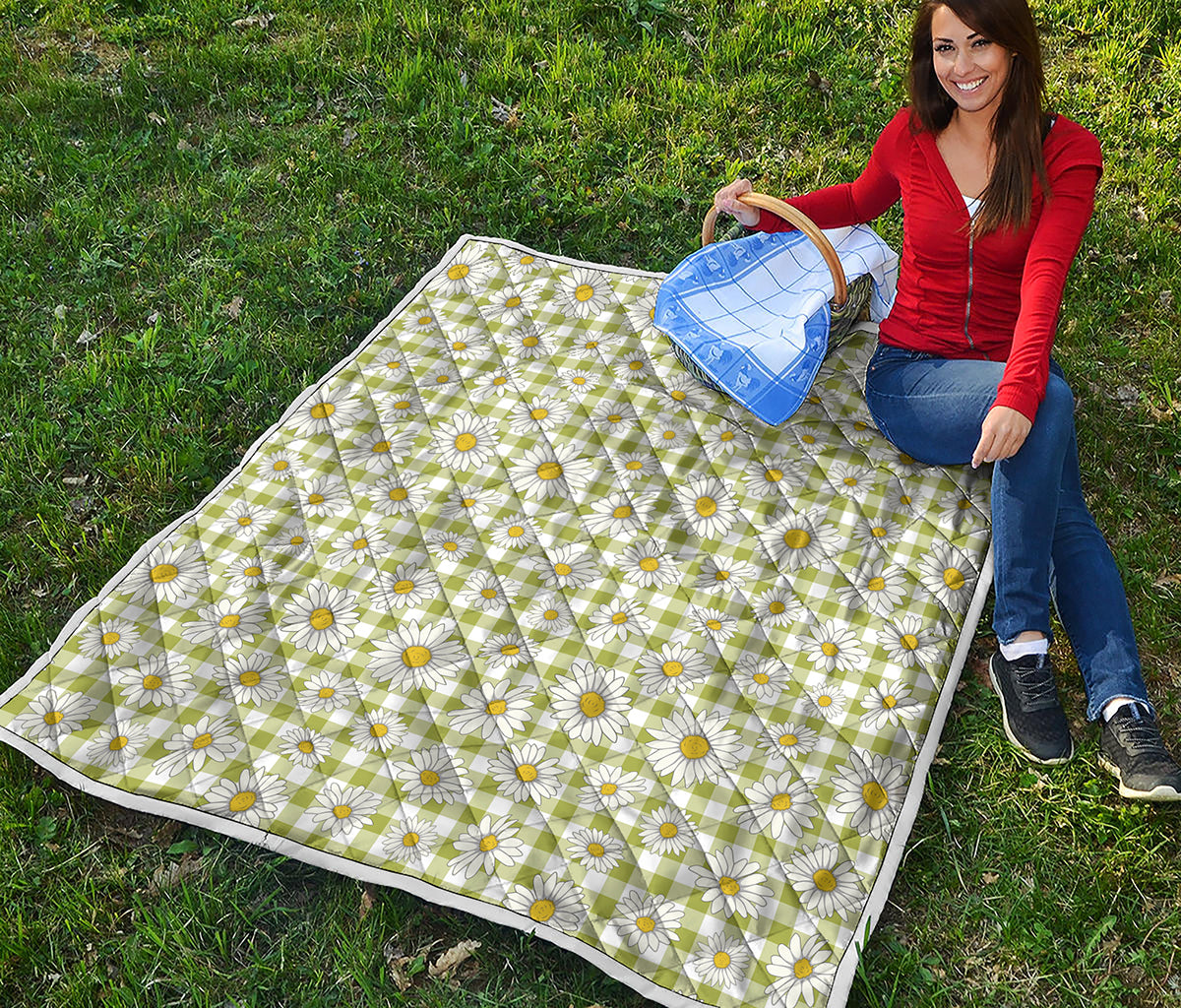Green Tartan Daisy Pattern Print Quilt