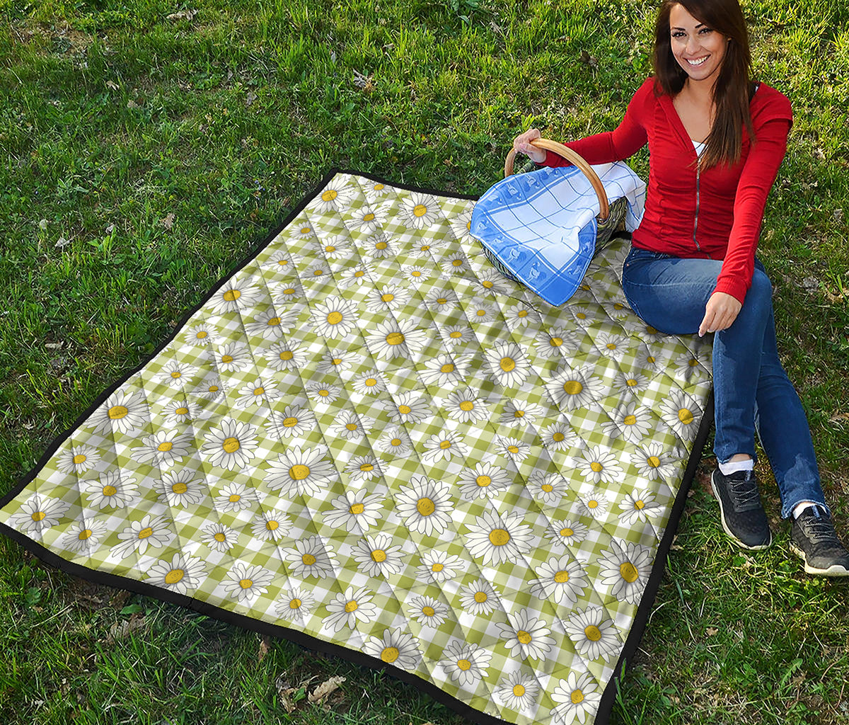 Green Tartan Daisy Pattern Print Quilt