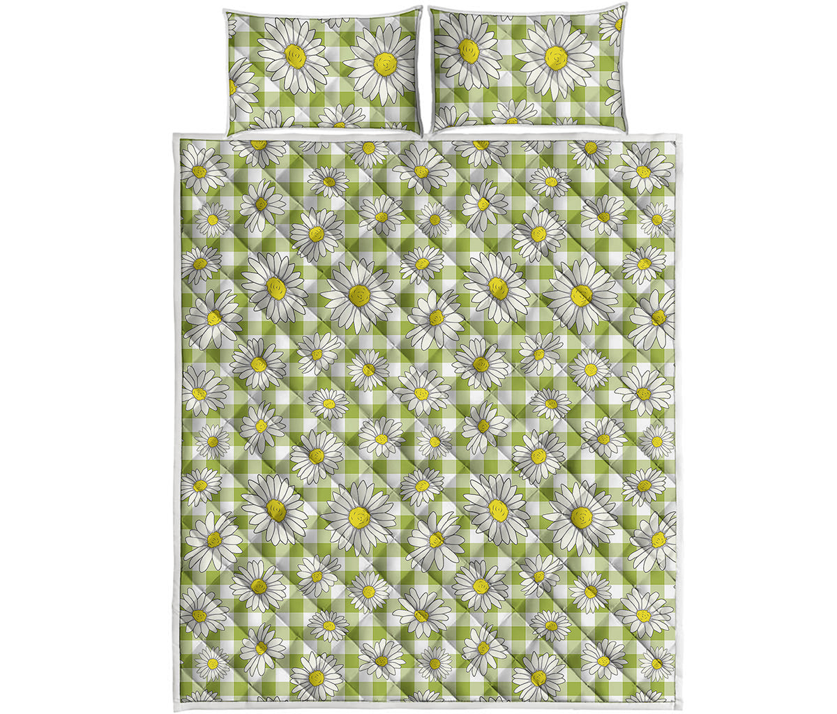 Green Tartan Daisy Pattern Print Quilt Bed Set