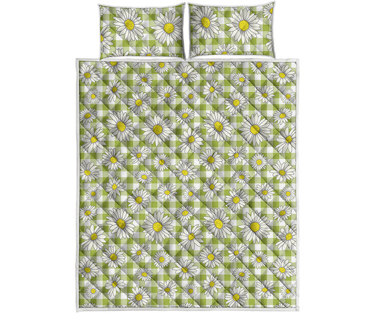 Green Tartan Daisy Pattern Print Quilt Bed Set