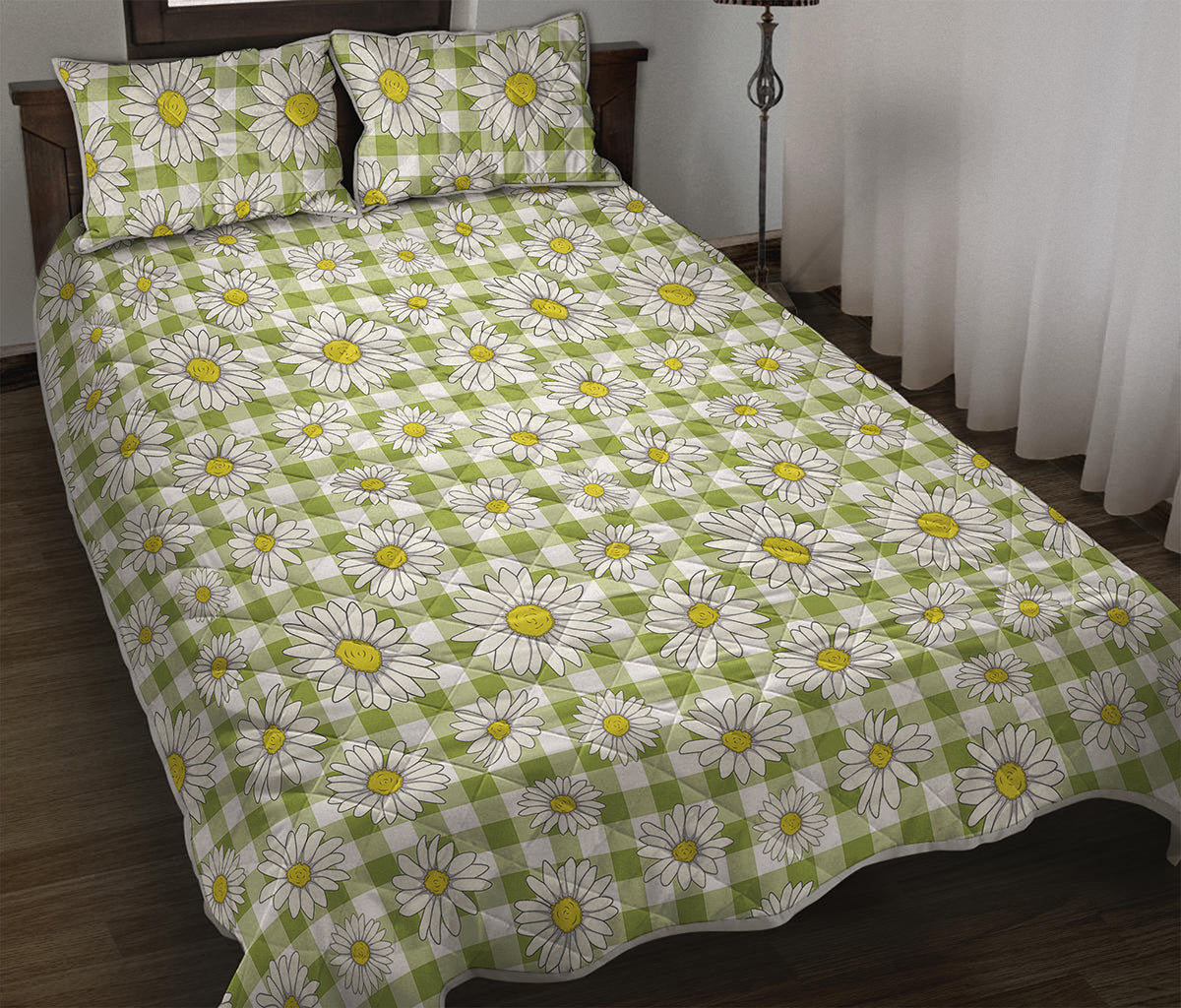Green Tartan Daisy Pattern Print Quilt Bed Set