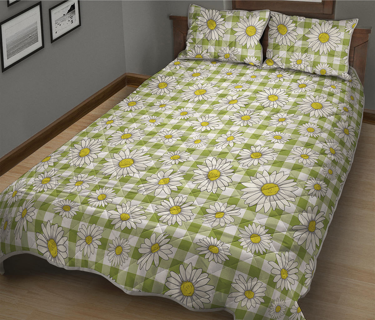 Green Tartan Daisy Pattern Print Quilt Bed Set