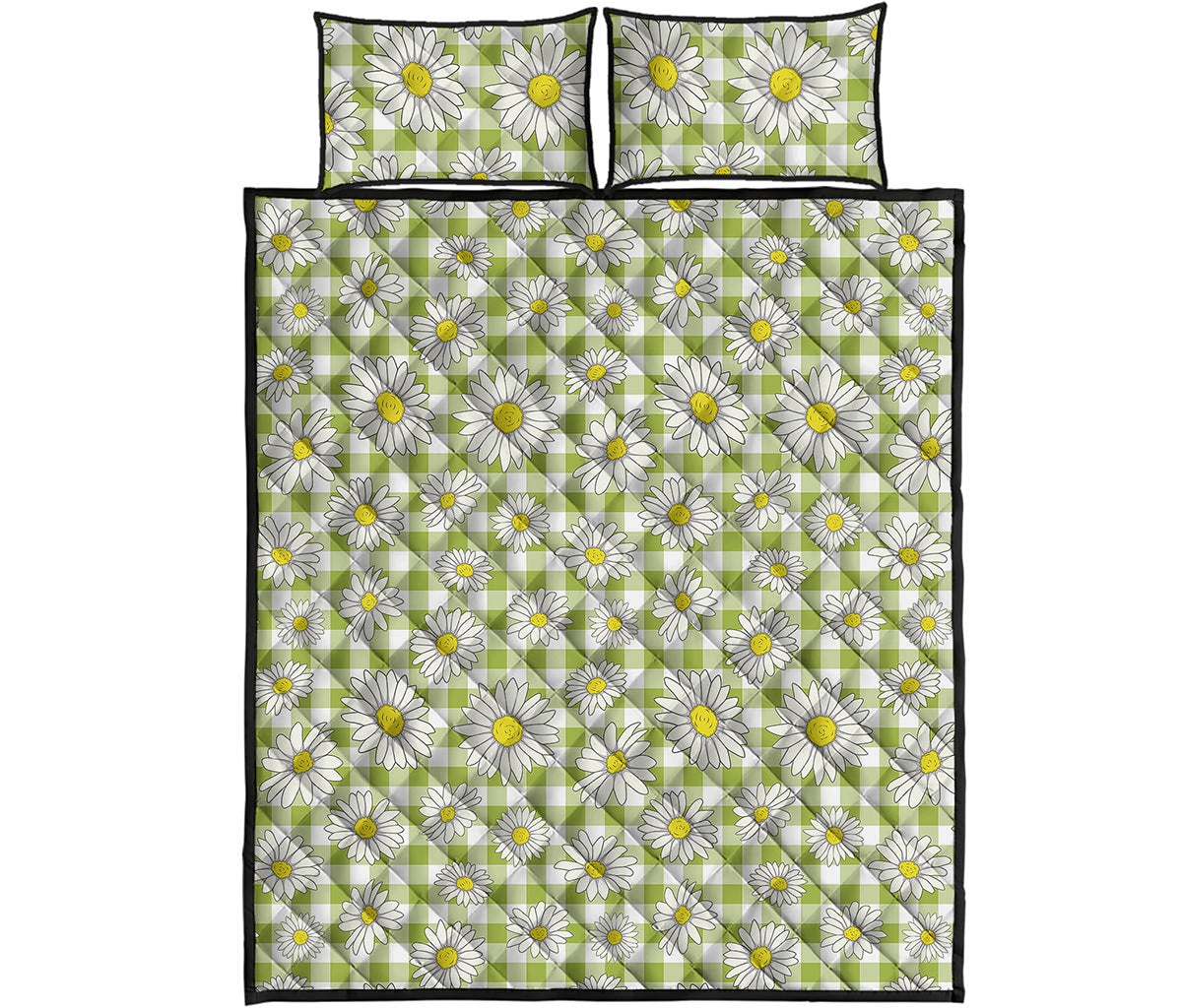 Green Tartan Daisy Pattern Print Quilt Bed Set