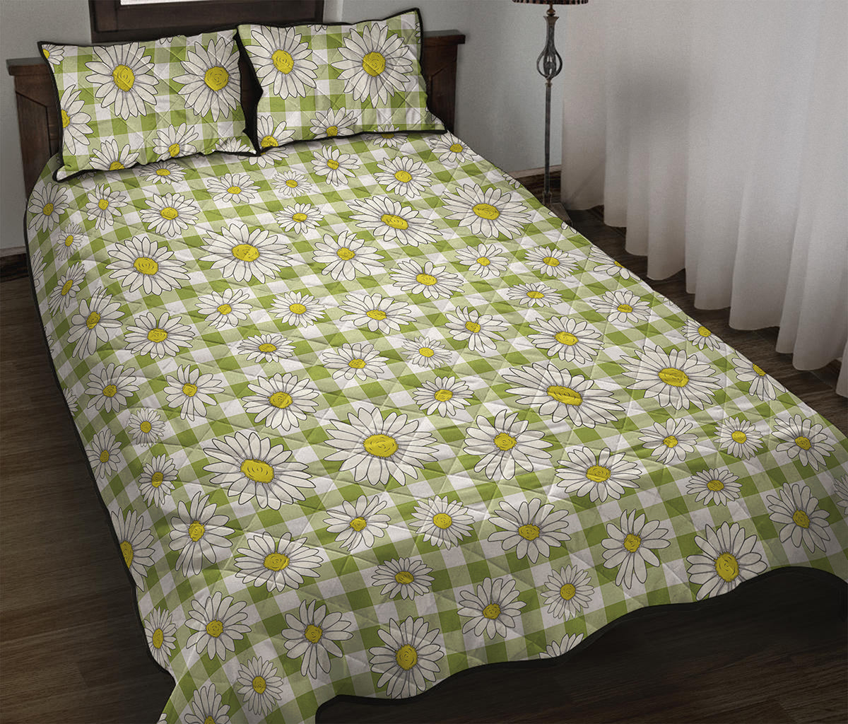 Green Tartan Daisy Pattern Print Quilt Bed Set