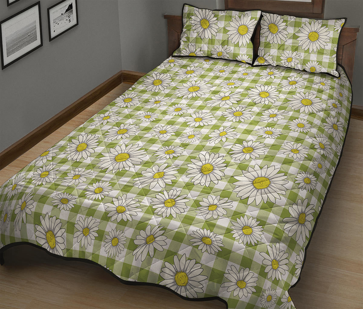 Green Tartan Daisy Pattern Print Quilt Bed Set
